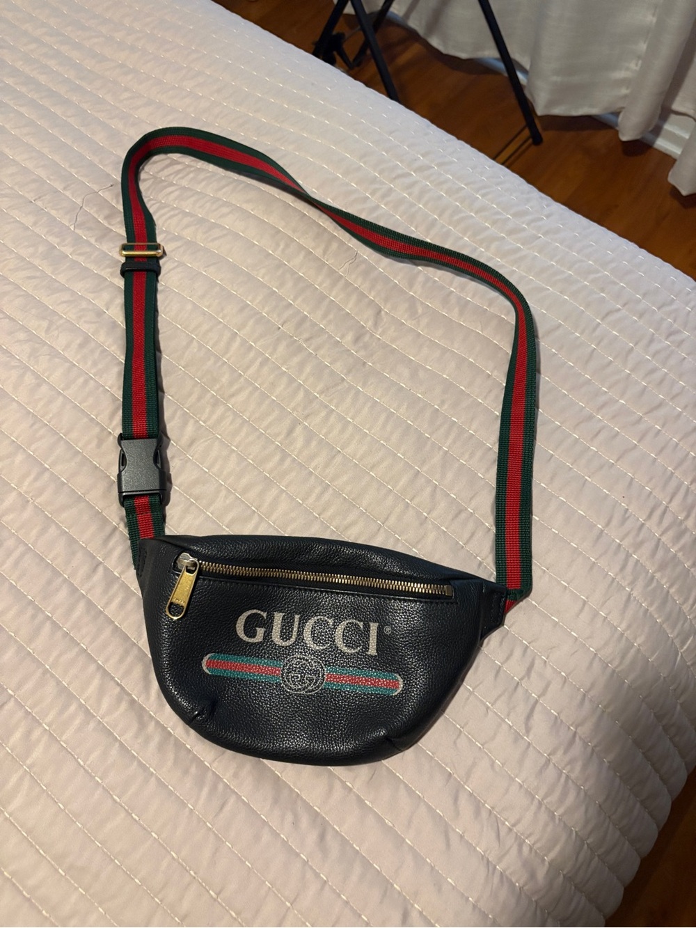 Gucci Black Leather Belt Bag with Green-Red Web Stripe